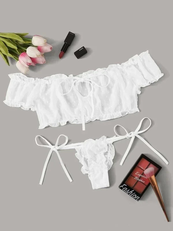 Women's Sexy Lingerie Set Mesh Lace Ruffle Cute Dot Transparent Bra and Panty Wireless Thong Bandage Exotic Sets