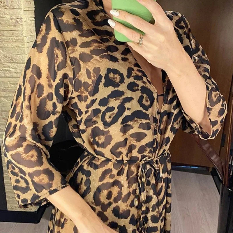 Womens Long Bikinis Cover-ups Beach Dress Summer Sexy Robe Beachwear Leopard-printing Tunic Top Swimwear Cover-Ups Dress