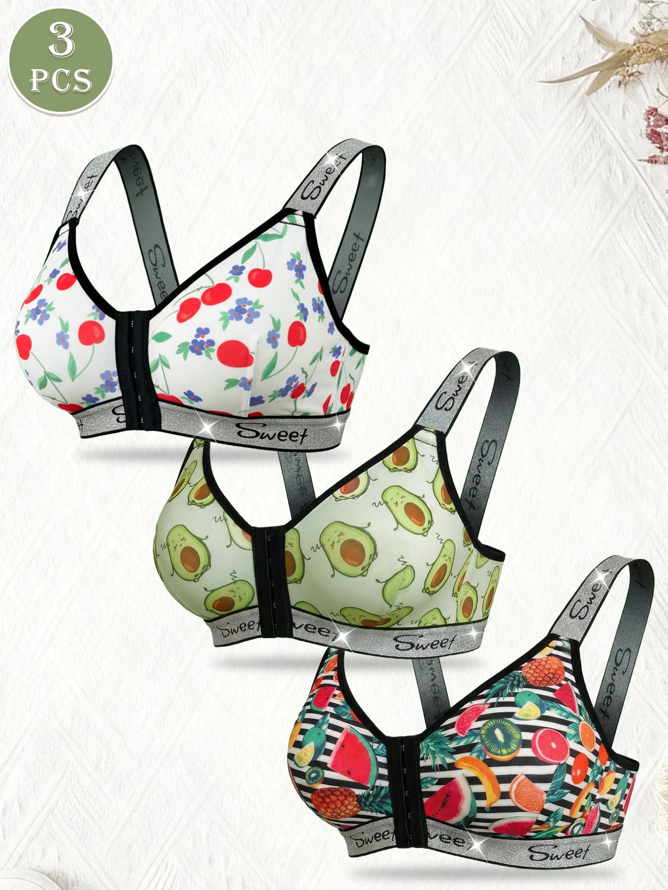 3 Pack Women's Wireless Bra, Mixed Fruit Print Front Closure Shiny Trim Comfort Bralette