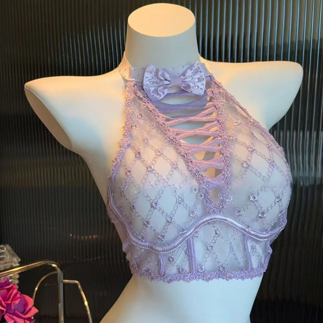 Purple Bra, Bow, Diamond-patterned, Rhinestone, Lace-up, High-neck, Off-the-neck Underwear