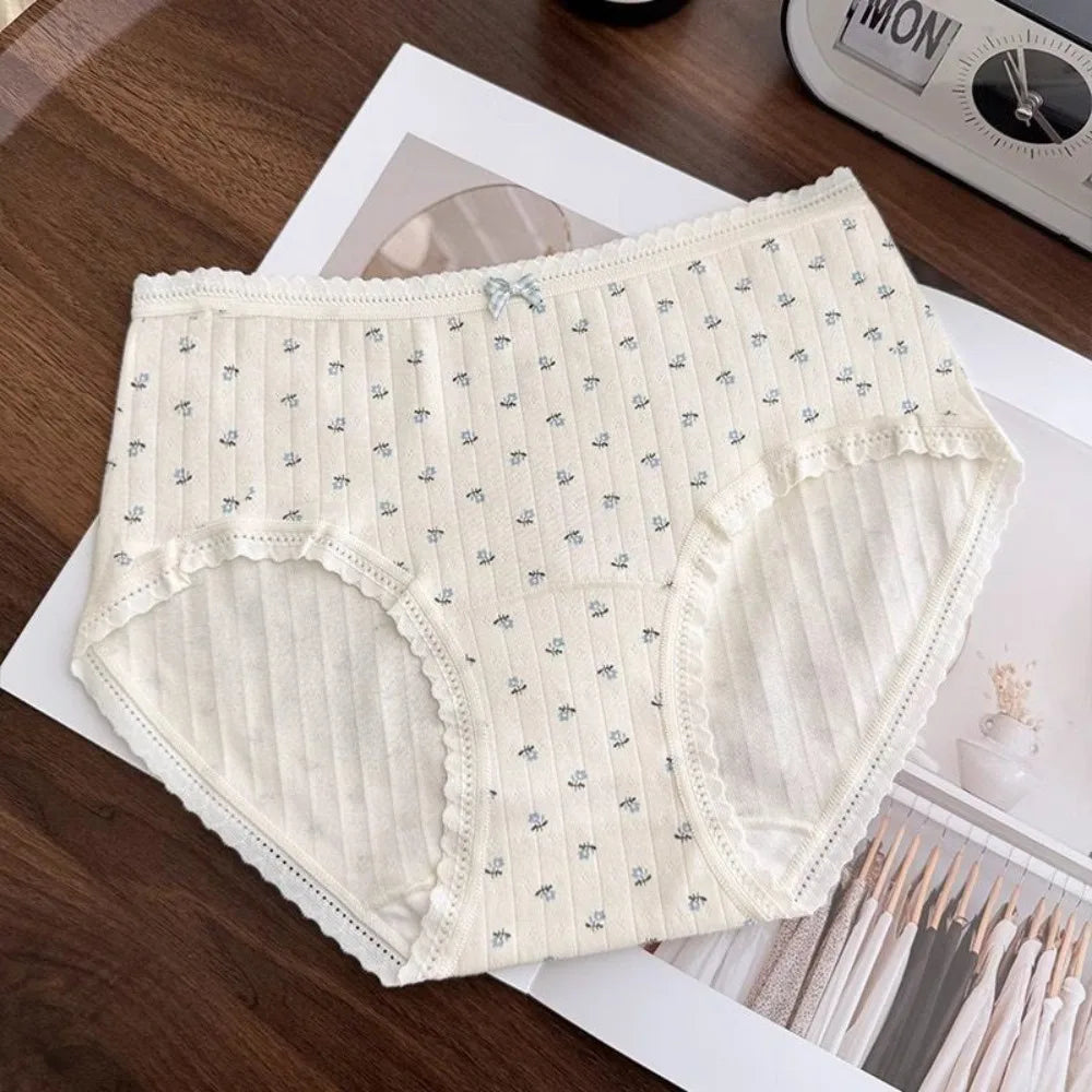 Lingerie Mid-waist Underwear for Women Bear Grid Sweet Floral Panties Underpants Bow Cotton Briefs Lady