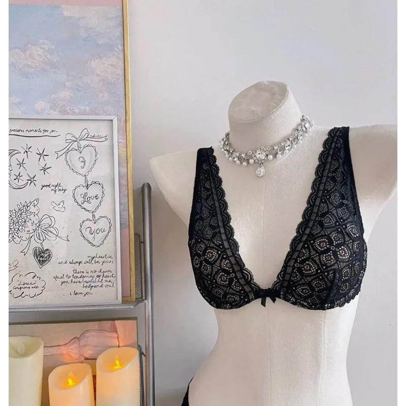 Sexy Lace Lingerie Set Deep V Plunge Bra Wireless Comfort Bralette Matching Bra Panty Set Women