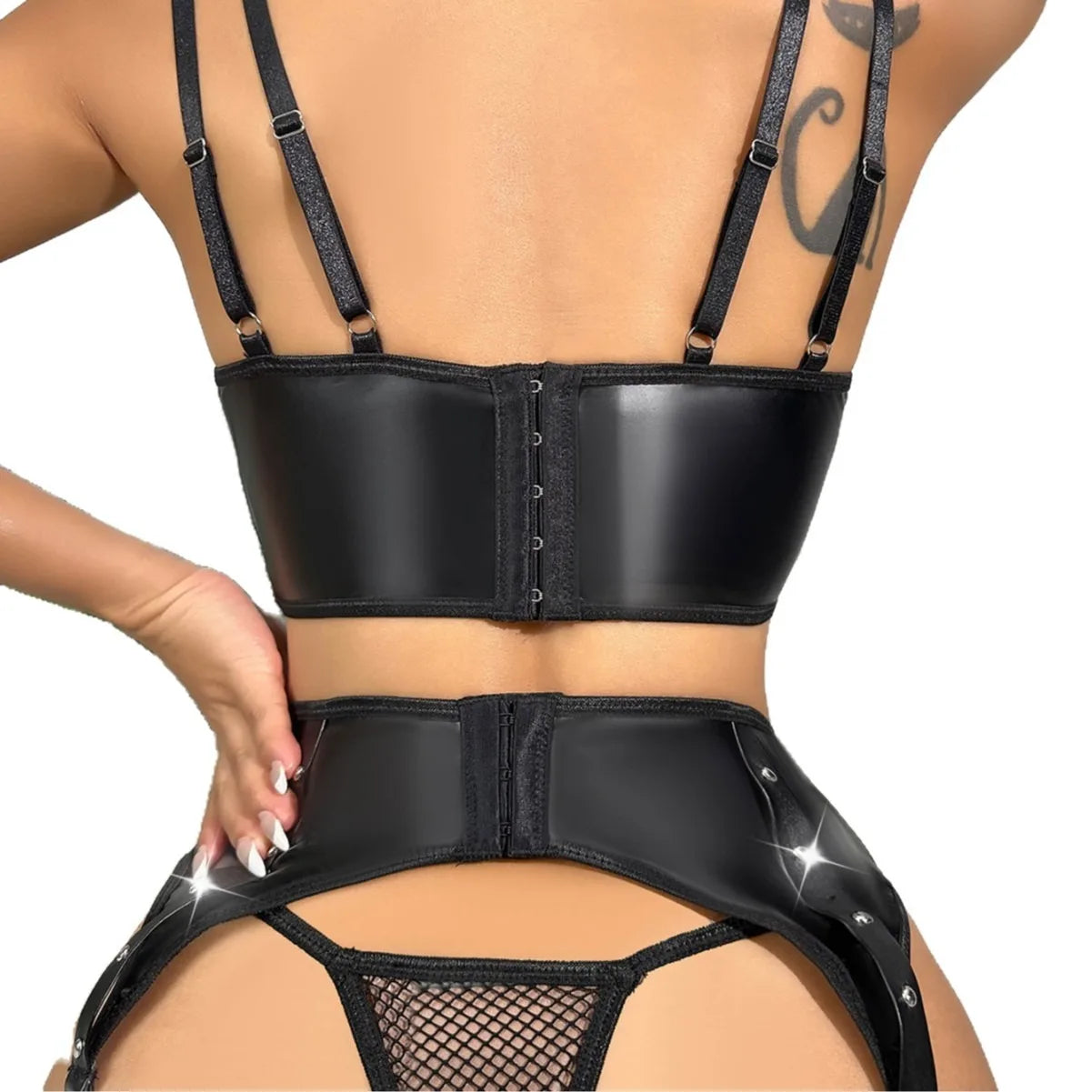 Latex Sexy Lingerie Set PU Leather Mesh Spliced Bustier Bra and Panties Women's Underwear Fetish Temptation Erotic Bra 3pcs Sets