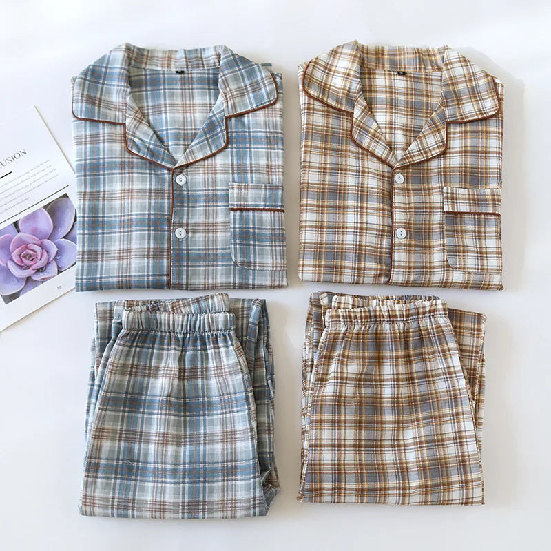 2026 Japanese New Men's Pajama Set Spring/Summer Checkered Simple Long sleeved Two Piece Set 100%Cotton Cardigan Home Furnishing