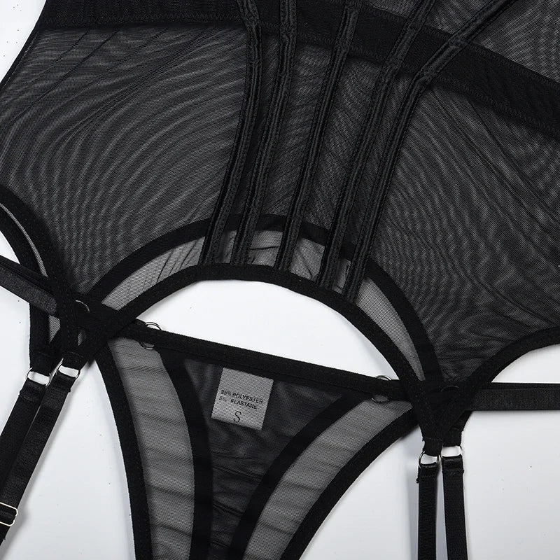 Mesh  Lingerie Luxury Brand Bodysuit Backless Tops for Women 3 Piece Lingerie Set with Garter Sexydresses for Women New