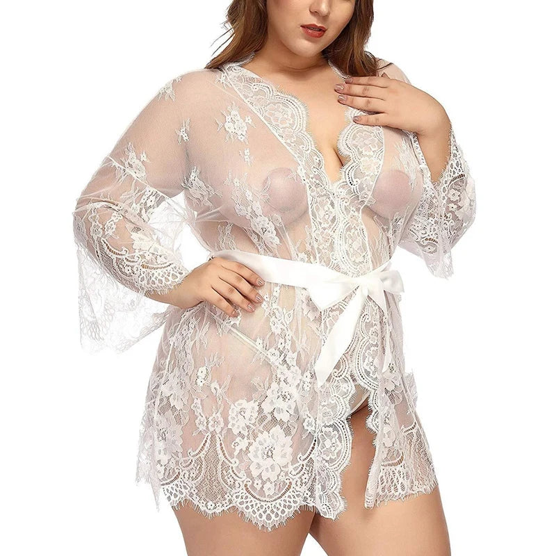 Sexy Women Lingerie Lace Night Dress Sleepwear Nightgown Bandage Deep V G-String See Through Sexy Sheer Sleep Dress Robe
