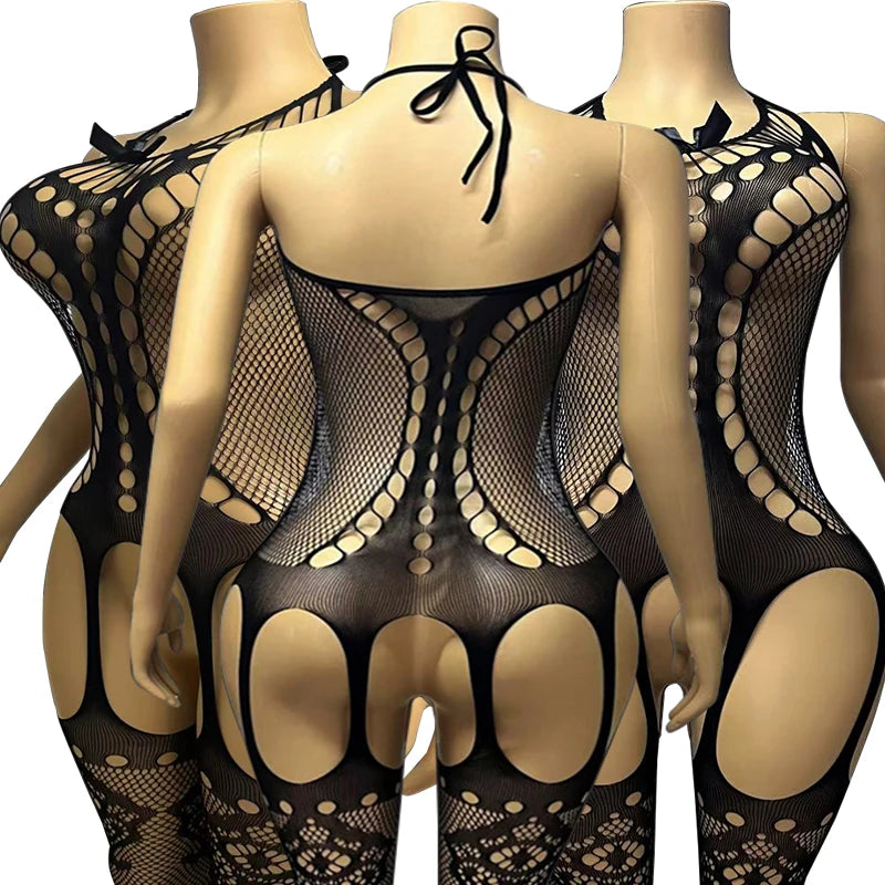 Porn Underwear Crotchless Babydolls Dress Erotic Costume Sexy Halter Neck Bodystockings Fishnet Hollow Baby Dolls Lingerie Women
