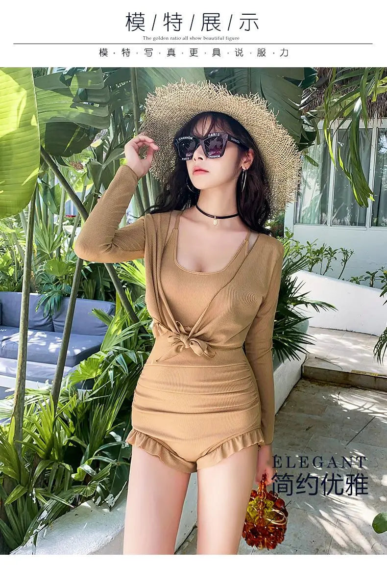 2025 New Swimsuit Women's Belly-covering Slim Swimsuit Conservative Meat-covering Ins One-piece Sexy Long-sleeved Swimsuit Beach