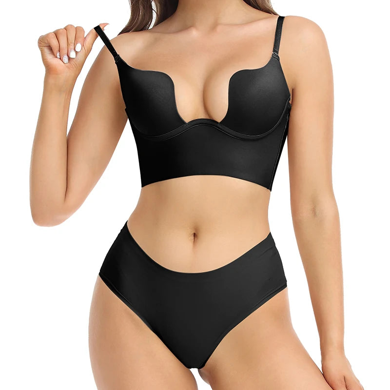 Womens Low Back Bra Wire Lifting Deep U Shaped Plunge Backless Bra with Multiway Convertible Clear Straps Body Shaper Lingeres