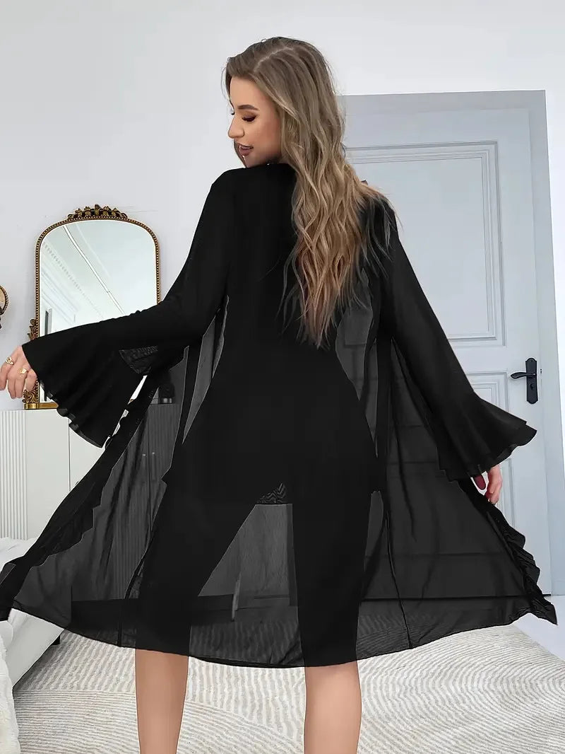 Women Sexy Robe Lingerie Set Lace V-neck Cami Dress with Transparent Mesh Night Gown Robe Nightwear Female Leisure Sleepwear