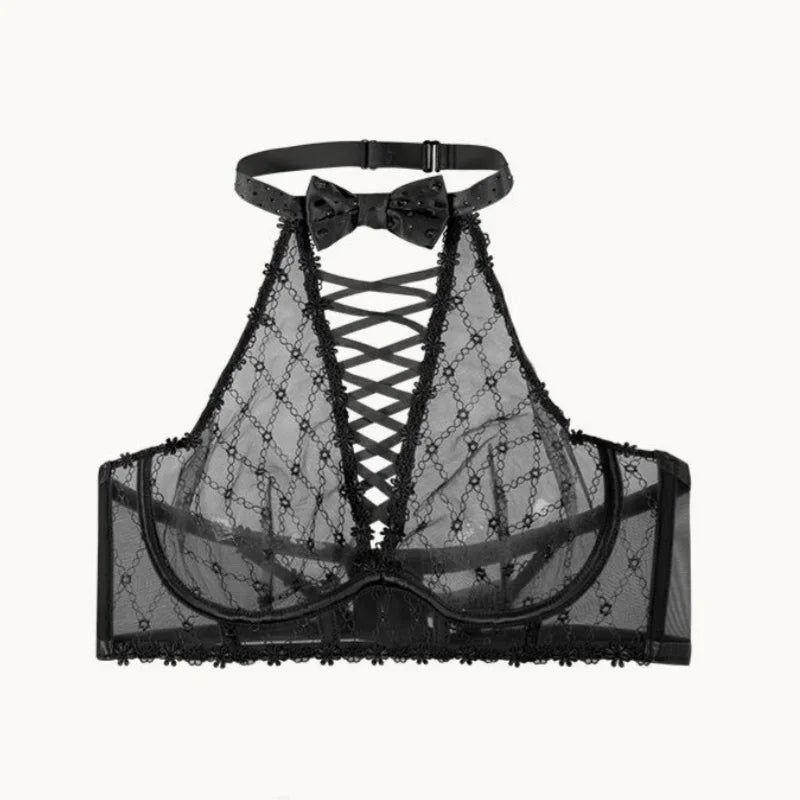 Purple Bra, Bow, Diamond-patterned, Rhinestone, Lace-up, High-neck, Off-the-neck Underwear
