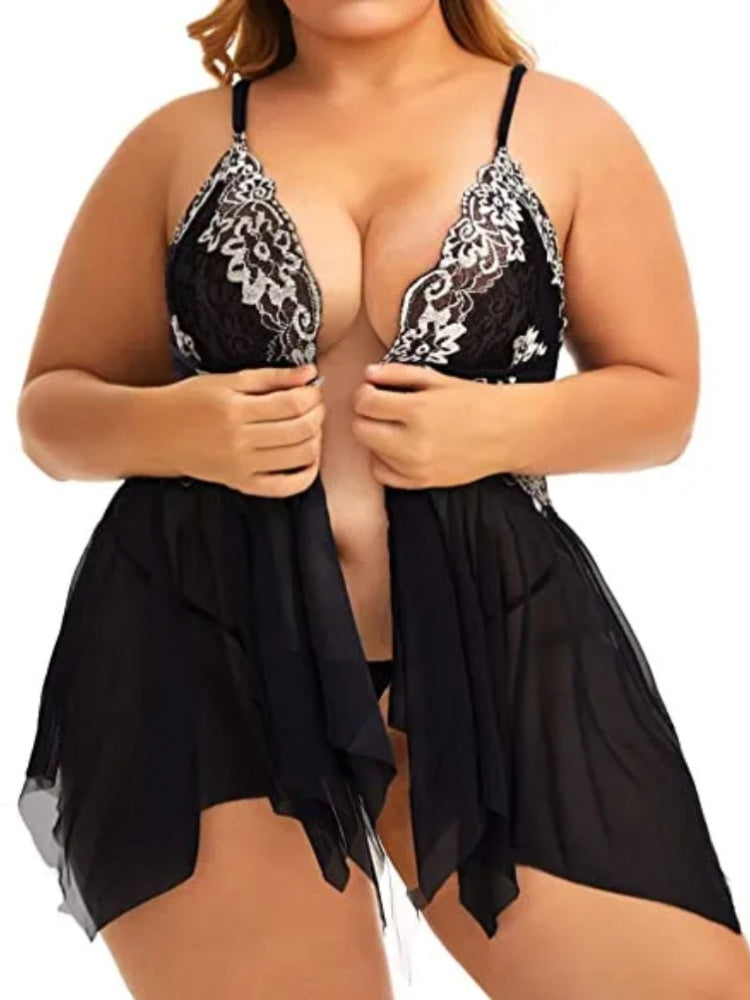 Plus Size Babydoll for Women Open Front Lingerie Sleepwear Lace See Through V Neck Nightgown Sexy Nightdress Maternity Negligee