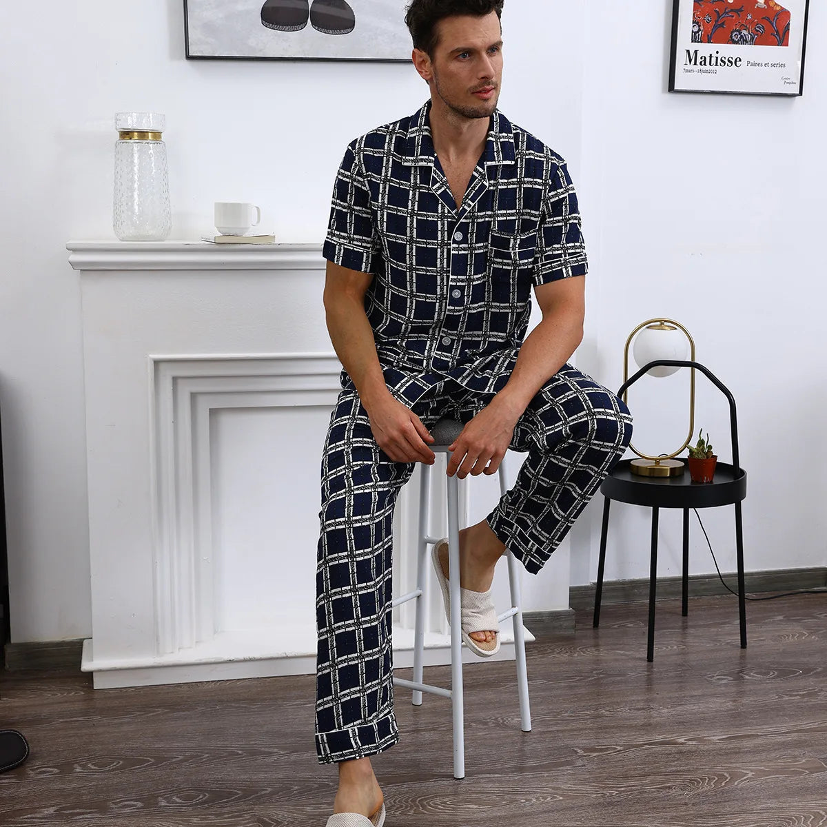 Summer New Cotton Silk Pijama Set Home Clothing Print Plaid Short Sleeve Pajamas Sleepwear Loose Casual Men Nightwear Loungewear