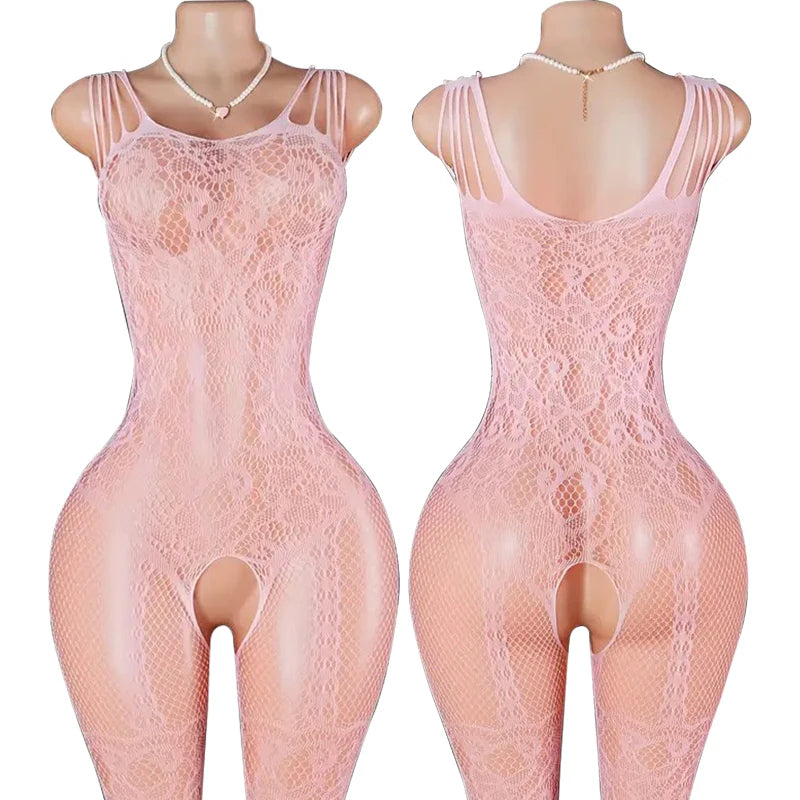 Lace Mesh Hanging Neck Bras Body Suits Erotic Crotchless Lingerie Women Deep V Halter Bodystockings Sexy Bodycon Underwear Sets
