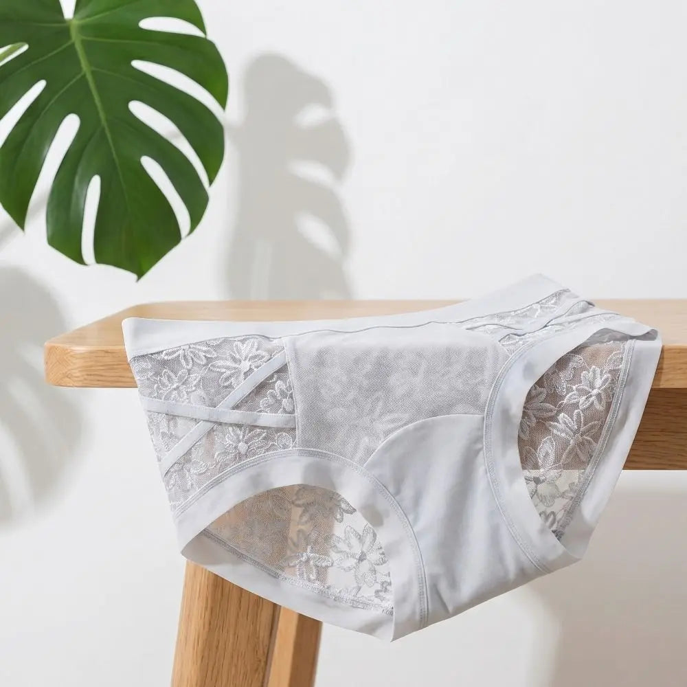 Lingerie French Style Lace Briefs Mesh Patchwork Satin Silk Panties Low Waist Transparent Lace Underwear Women Gifts