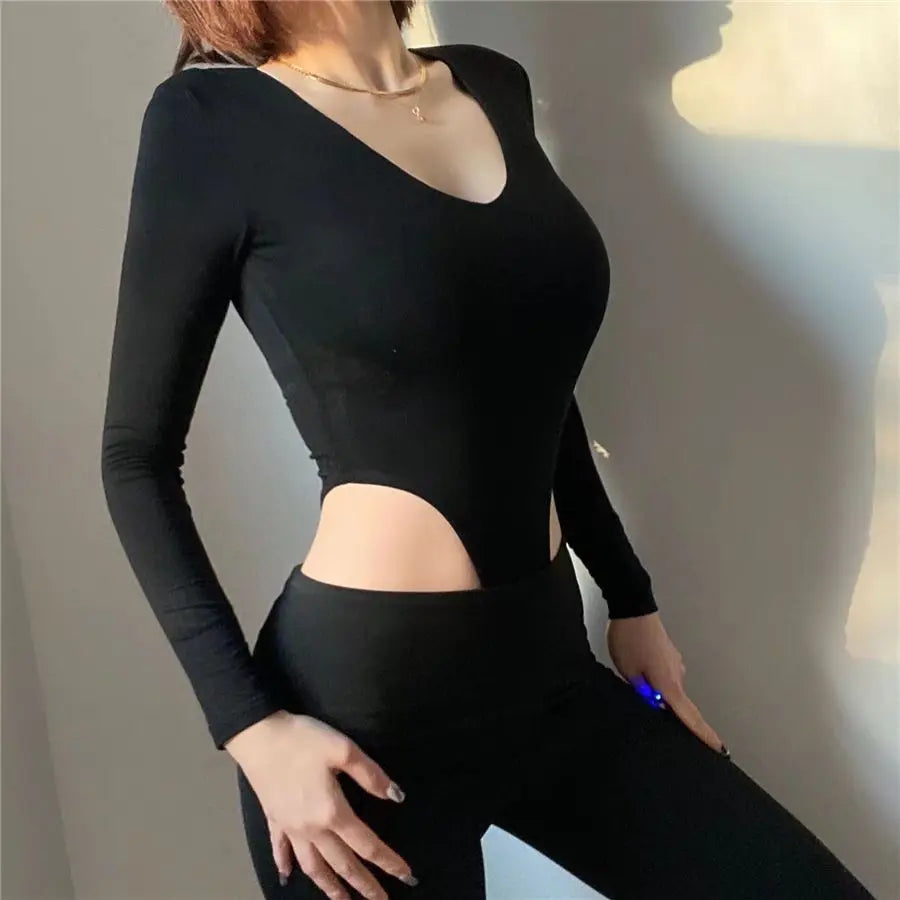 Women's Bodysuit Sexy V-neck Long Sleeve Bottom Shirt Gymnastic Yoga One-pieces Rave Festival Outfit Party Club Lingerie Tops