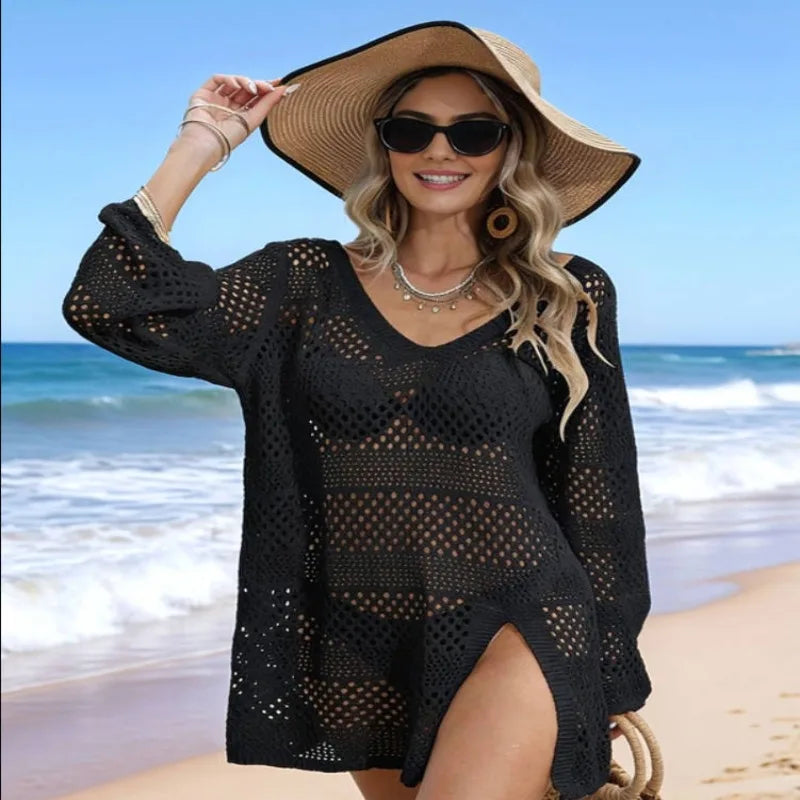 Women'S Swimsuit Cover Up Crochet Bathing Suit Mesh Swimwear Knit Pullover Beach Dress