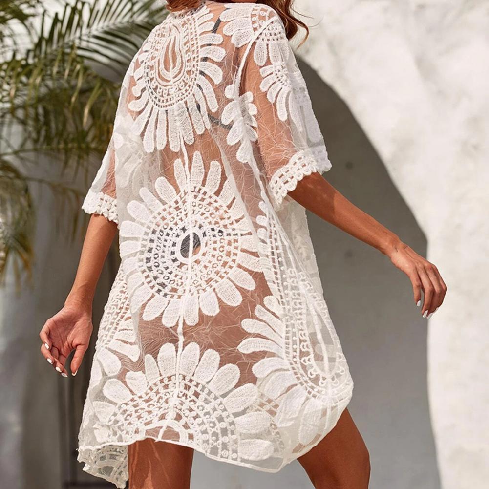 Flower Lace Cover-ups Beachwear White Cardigan Beach Cover Ups for Swimwear Women Bath Exits Outfits Solid Knitted Wear Coverup