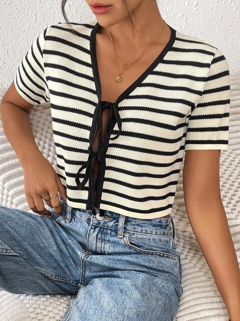 white black stripes short sleeve blouse for women turn-down collar V-neck cropped summer bikini tops hot girl boho beach tops