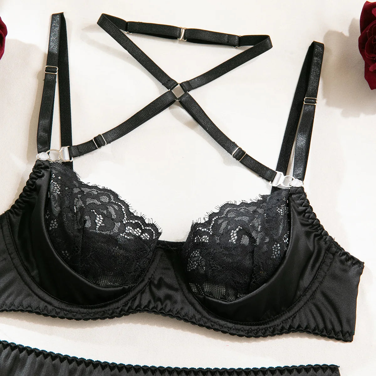4 Pieces Sexy Lingerie Sets Women Hot Halter Lace Bra and Panty Garters Mini Skirt Set Sissy Erotic Costumes Romantic Underwear