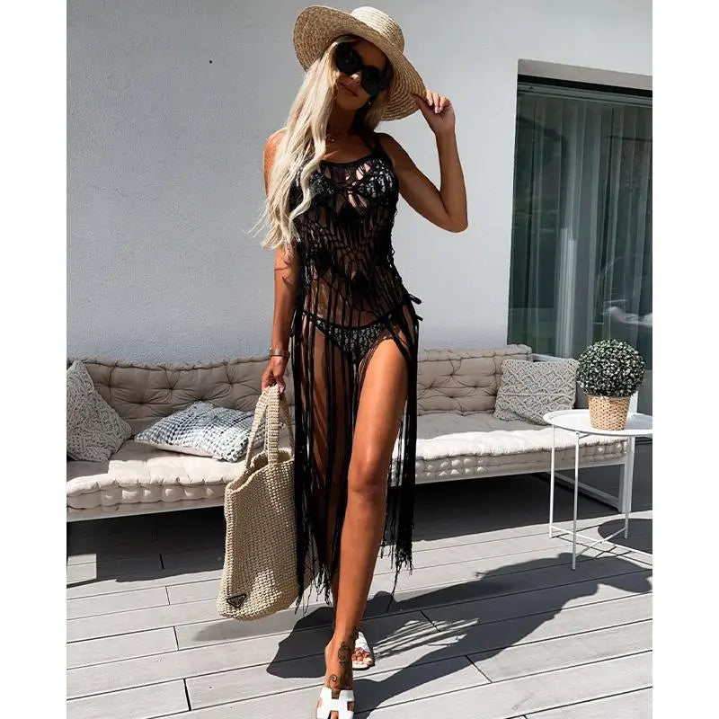 Beach Cover Ups for Swimwear Women Sexy Hand Hook Hollow Out Sunscreen Shirt with Long Tassel Beach Cover