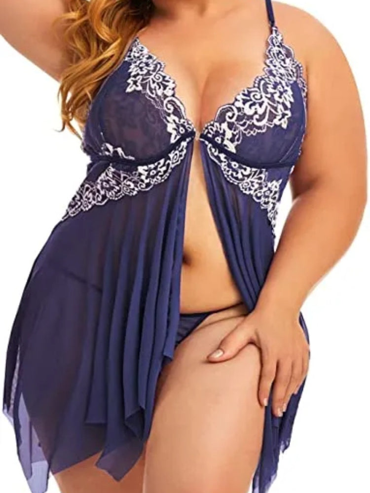 Plus Size Babydoll for Women Open Front Lingerie Sleepwear Lace See Through V Neck Nightgown Sexy Nightdress Maternity Negligee