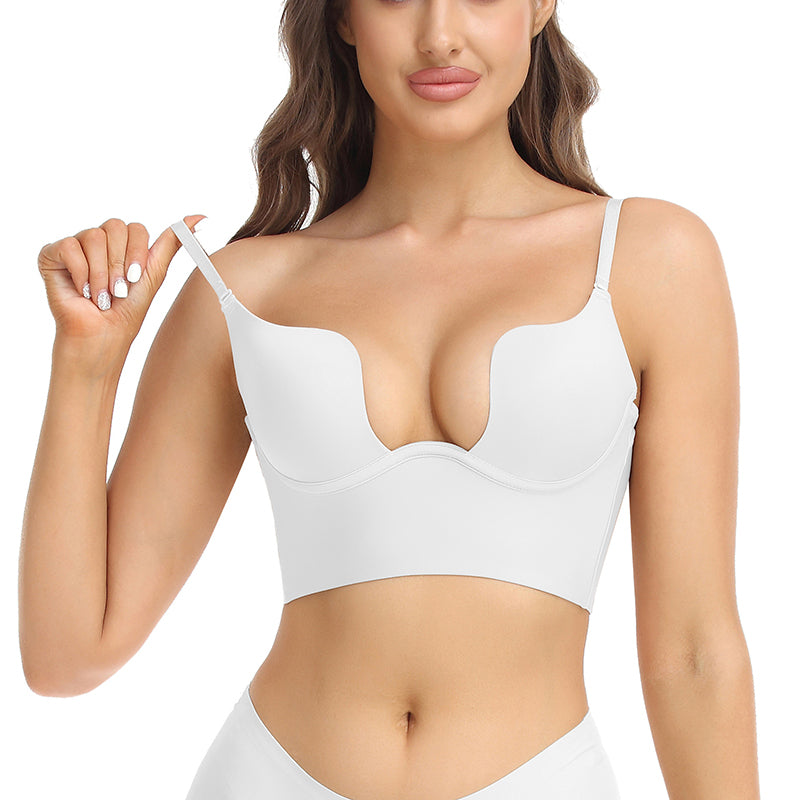 Seam-free Womens Low Cut Plunge Bra Wire Lifting Deep U Shaped Multi-Way Push Up Convertible Plunge Backless Sexy Bra