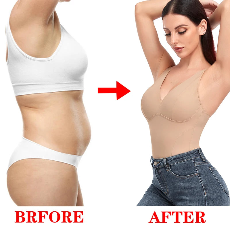 Shapewear Bodysuit Thong Body Shaper for Women Waist Trainer Corset Deep V Neck Slimming Underwear Built-in Bra Camisoles Tops