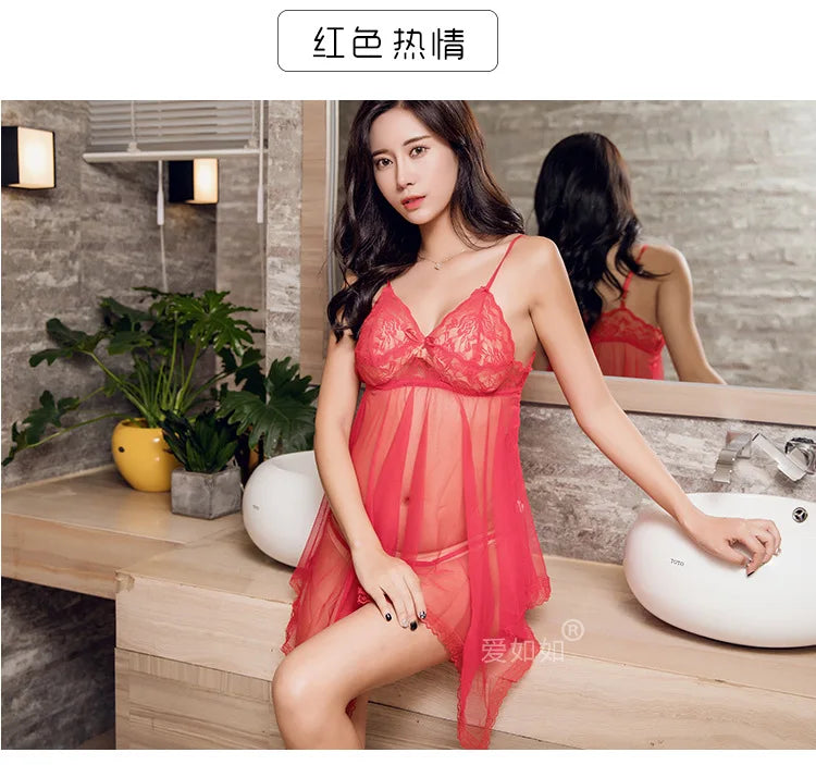 Sexy Sleepwear Lace Lingerie Set Chiffon Nightdress Nightgown Transparent Pajamas Pijamas Women Night Dress Nightwear With Thong