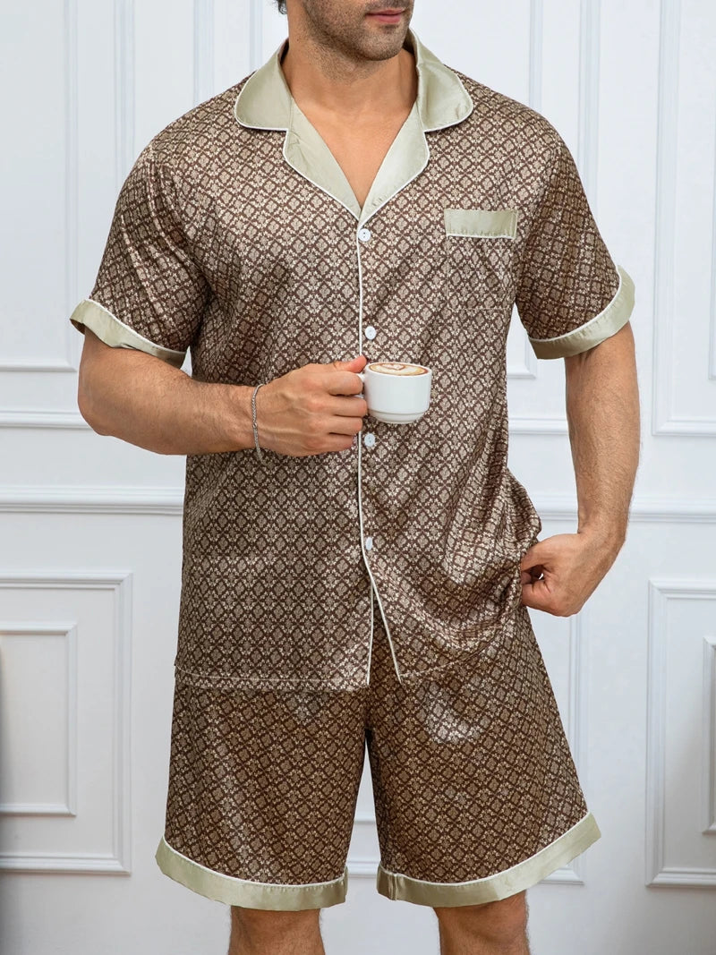 Men's Plaid Print Pajama Set Short Sleeve Lapel Top And Elastic Shorts Comfortable Perfect For Summer Sleepwear Loungewear Pjs