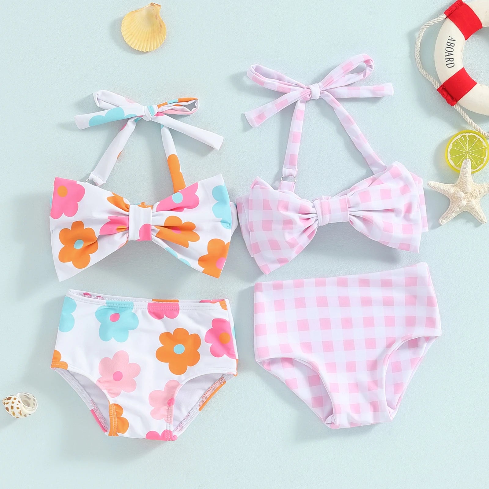 Citgeett Summer Kids Girls Bikini Outfits Set Flower Plaid Print Sleeveless Bow Bikini Tops Shorts Swimsuit Clothes