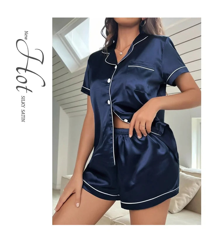 Women's Pajamas Set Summer Short Sleeve Button Down Top & Shorts Two-piece Pj Sets Sleepwear Loungewear Pyjama Femme Nightwear