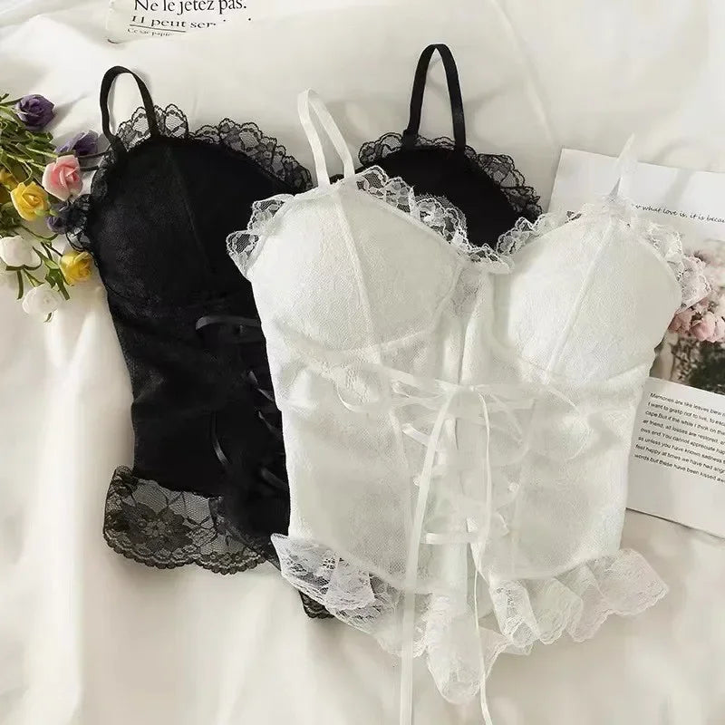 Sexy Lace Corset Crop Top Women Sleeveless Bandage Camisole Fashion Sling Tank Top Streetwear Blouse
