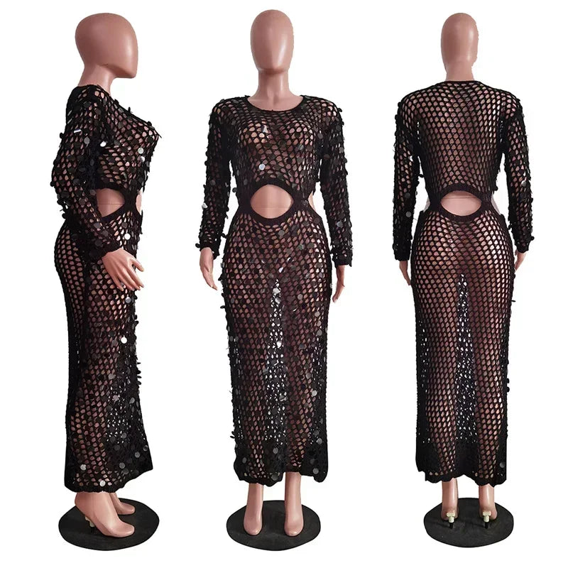 Sexy Party Dresses Sequined Crochet Knitted Beach Dress for Women Summer See-through Cover Up Bodycon Maxi Dress Vacation Club