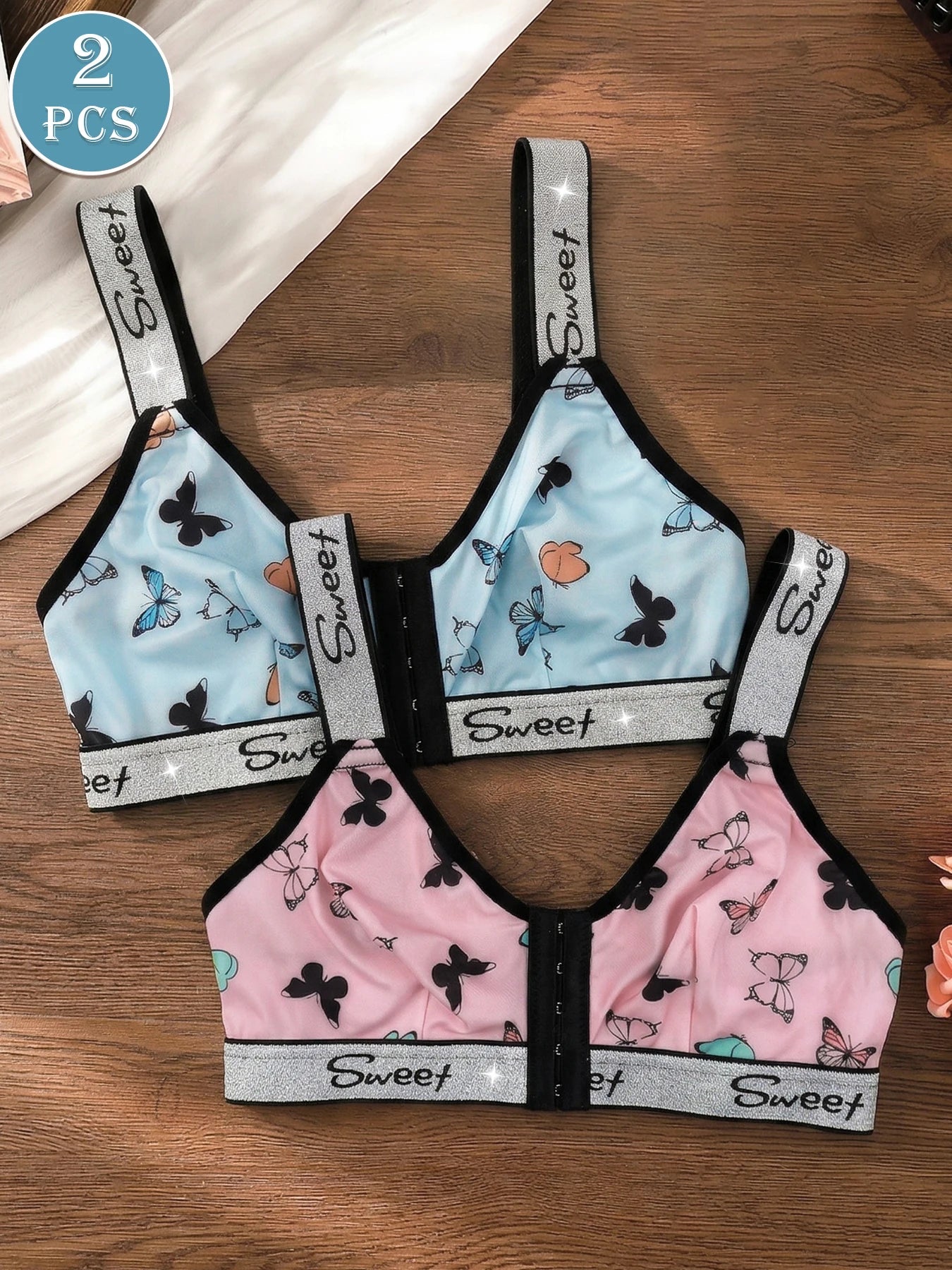 2-piece butterfly printed front buckle seamless bra without steel ring, wide shoulder straps, comfortable women's underwear