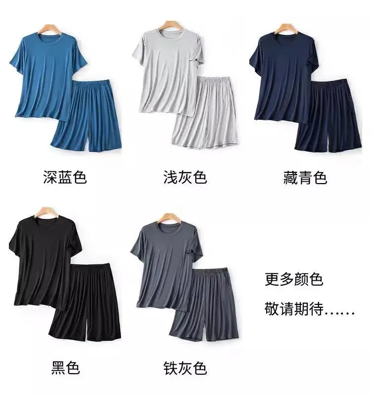 Modal Pajama Set Men's Round Neck Pajama Set for Summer Casual Wear Solid Color Loose Short Sleeved Shorts Two-piece Set Male