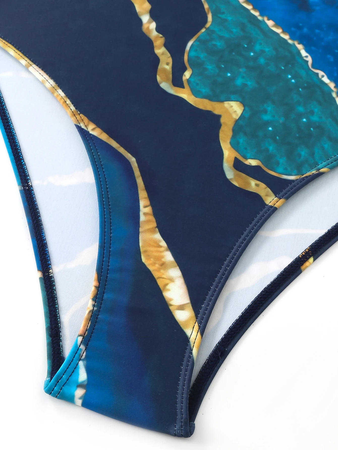 Women's One-Piece Swimsuit with V-Neck and Cross-Tie, Sexy and Elegant, Tummy-Concealing and Slimming, Popular European and American Style, Blue Marble Print Two-Piece Set with Mesh Overlay, Tie-Up, and Draped Skirt
