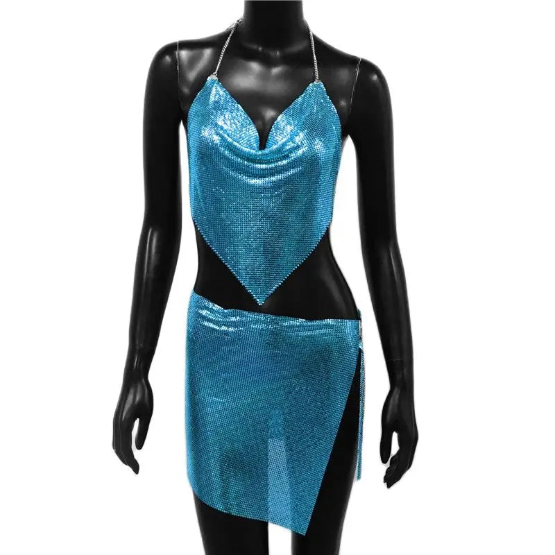 Sexy Metal Sequins 2 Piece Set Women Sleeveless Deep V Neck Backless Halter Tank Tops Split Mini Skirts Beach Party Outfits