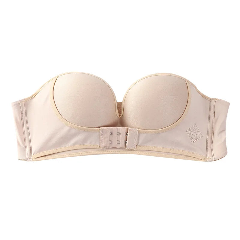 Strapless Non Slip Invisible Bra for Women Front Closure Adjustable Push Up Bra Bralette with Breathable Gather Backless Bra