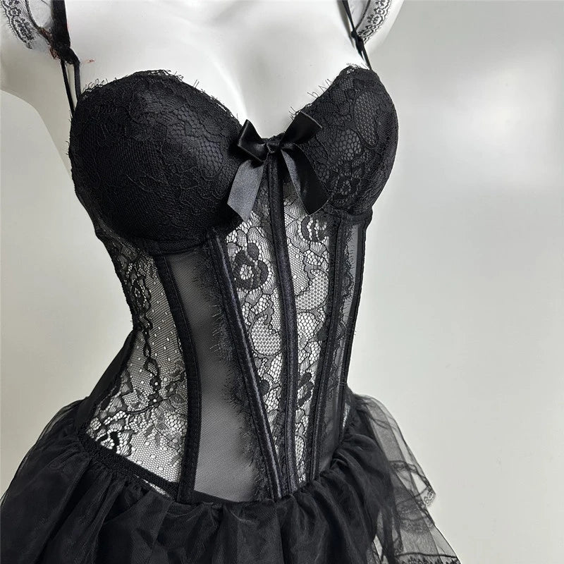 Erotic Lingerie Ladies Sexy French Lace Corset New Bodysuit Gathered Elasticity Women Push Up Mesh Material Bustier Underwear