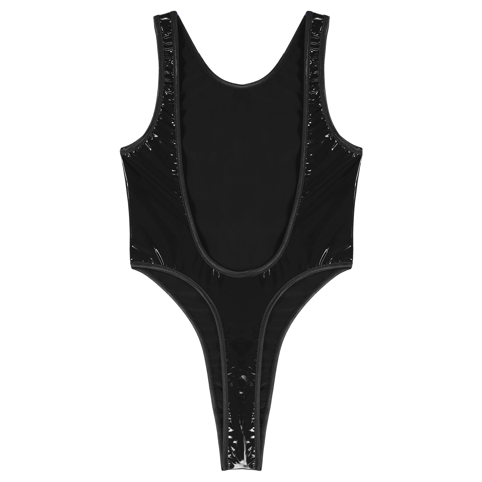 Womens Lingerie Crotchless Bodysuit Swimsuit U Neck Wet Look Patent Leather Clubwear High Cut Backless Catsuit Pole Dance Outfit