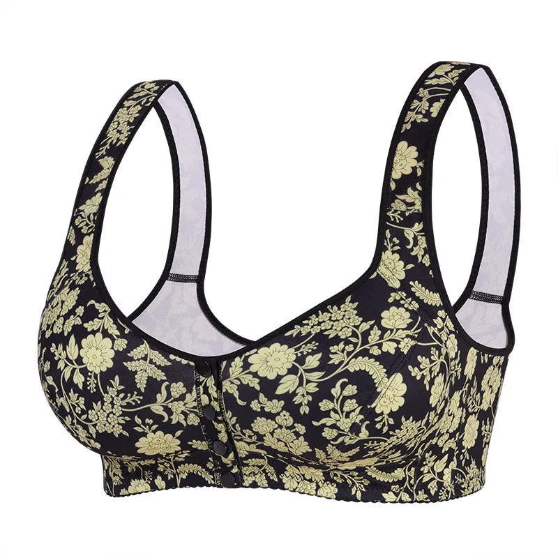 plus Size Front Closure Wireless Floral Print Bra Full Coverage Comfortable Support Bralette for Women Wide Band Everyday Wear