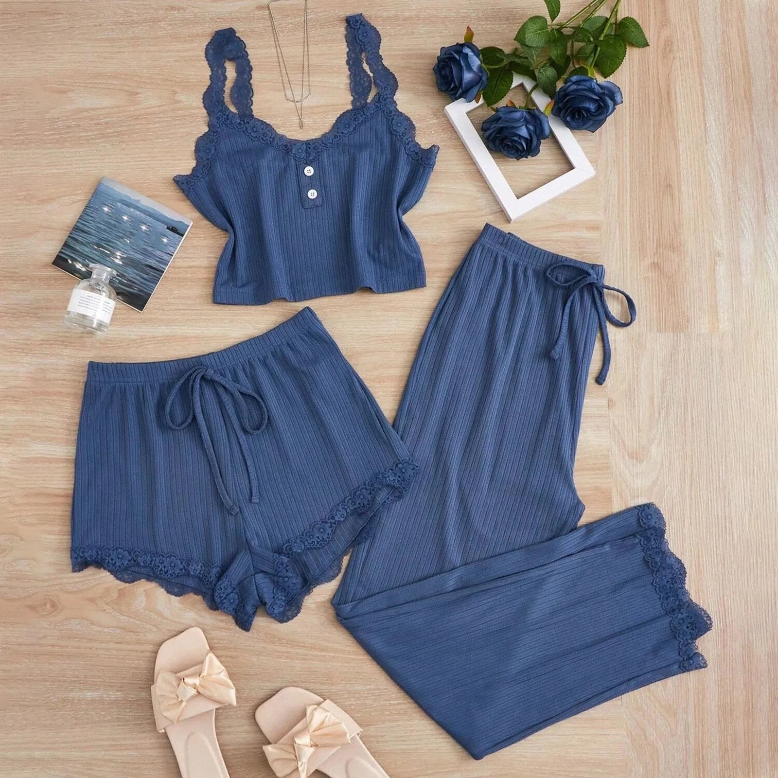 Summer 3PCS Pajama Sets for Women's Solid Vest Shorts and Pants Paired with Lace Splicing for Homewear Sexy Sleepwear Sets