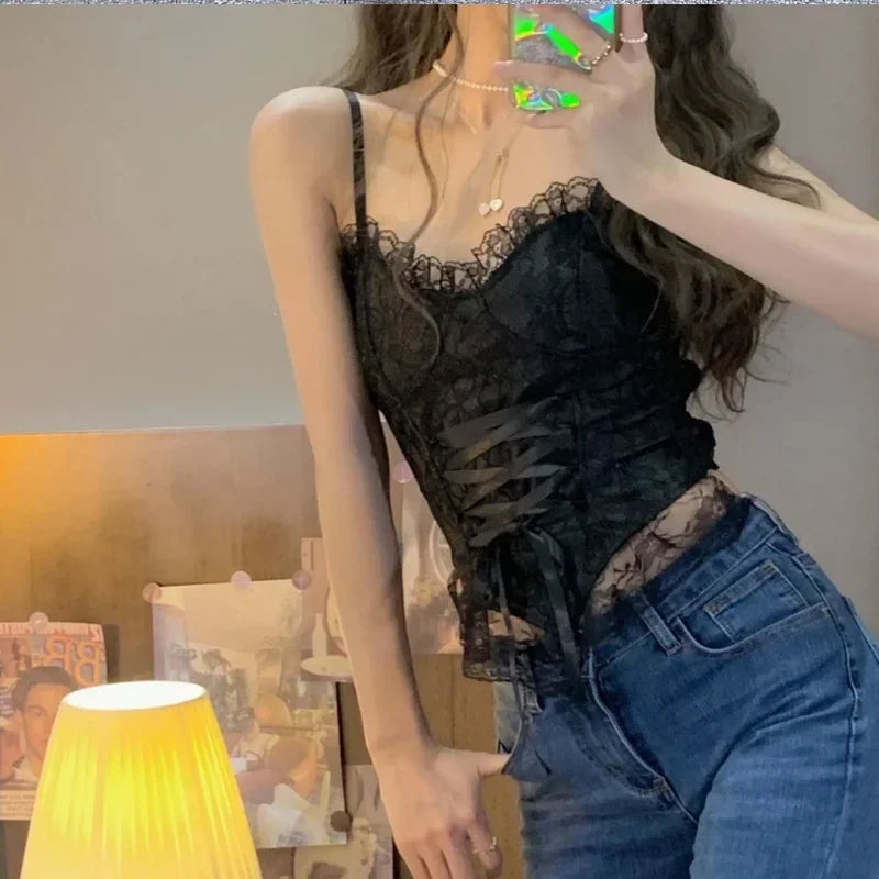 Sexy Lace Corset Crop Top Women Sleeveless Bandage Camisole Fashion Sling Tank Top Streetwear Blouse