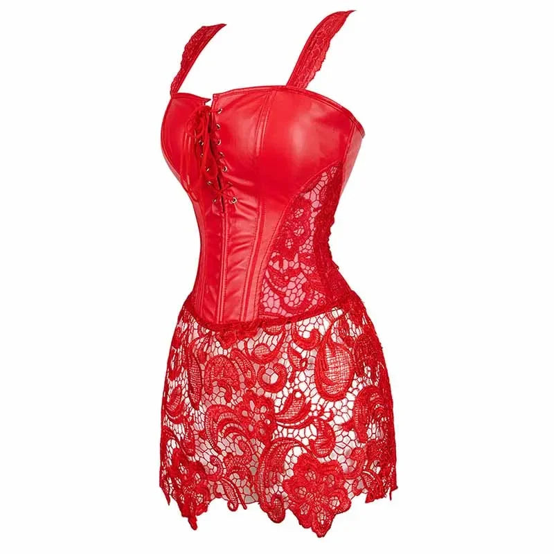 Women's Sexy Burlesque Lingerie Gothic Faux Leather Steampunk Corset Black Lace Bustier Overbust Corsage Korsett Corsets Top