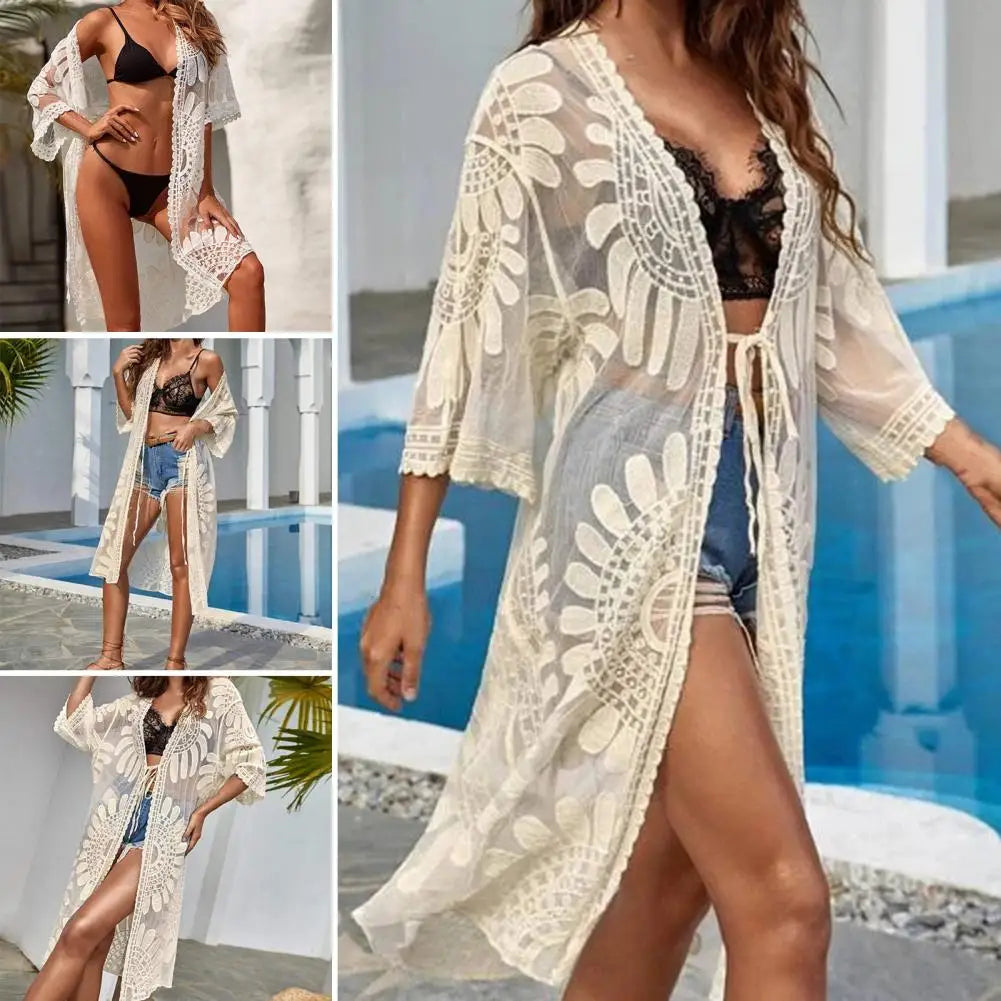 Flower Lace Cover-ups Beachwear White Cardigan Beach Cover Ups for Swimwear Women Bath Exits Outfits Solid Knitted Wear Coverup