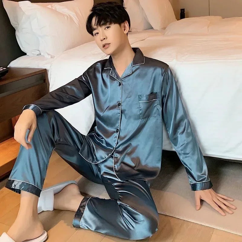 High Quality Men's Casual Pajama Sets Fashion Satin Long Sleeve Lapel Tops and Pants Homewaer Suit Men Comfort Lounge Sleepwear