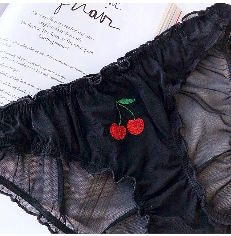 Women Sexy Lace Lingerie Temptation Low-waist Panties Fruit Ins Embroidery Transparent Briefs Seamless Sweet Underwear
