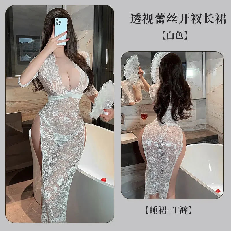 Hot Sexy Lingerie Women Pajama Sex Babydoll Lace Dress Transparent Sleepwear Hollow Out Robe Lingerie Sex Clothes Plus Size
