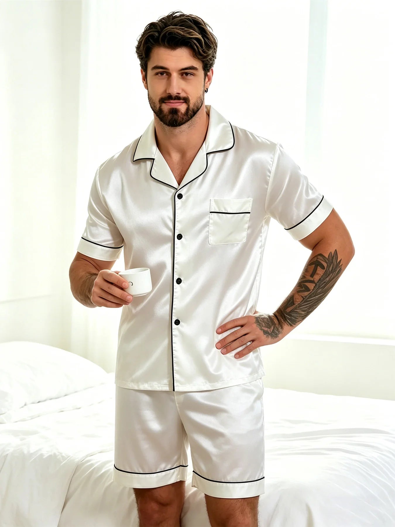 Men's Pj Sets Design Short Sleeve Pajama Set Soft Comfortable Sleepwear for Summer Lightweight Homewear Lougewear